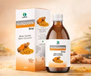 Nurqumin syrup bottle and box featuring water soluble nano curcumin by Nukind Healthcare