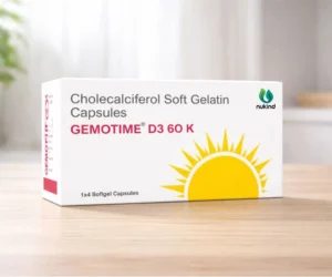 Front view of Gemotime D3 60K vitamin D3 softgel capsules box placed on a tabletop