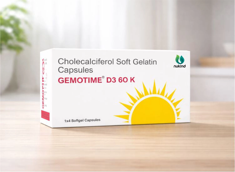 Front view of Gemotime D3 60K vitamin D3 softgel capsules box placed on a tabletop