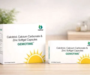 Gemotime capsules packaging showing calcitriol, calcium carbonate, and zinc softgel capsules by Nukind Healthcare.