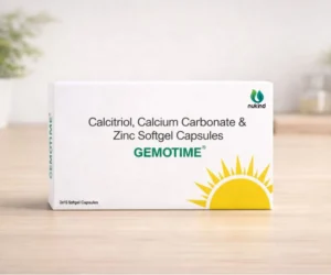 Front view of Gemotime softgel capsules box for calcium, vitamin D, and zinc supplementation