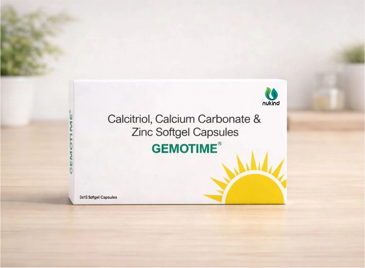 Front view of Gemotime softgel capsules box for calcium, vitamin D, and zinc supplementation