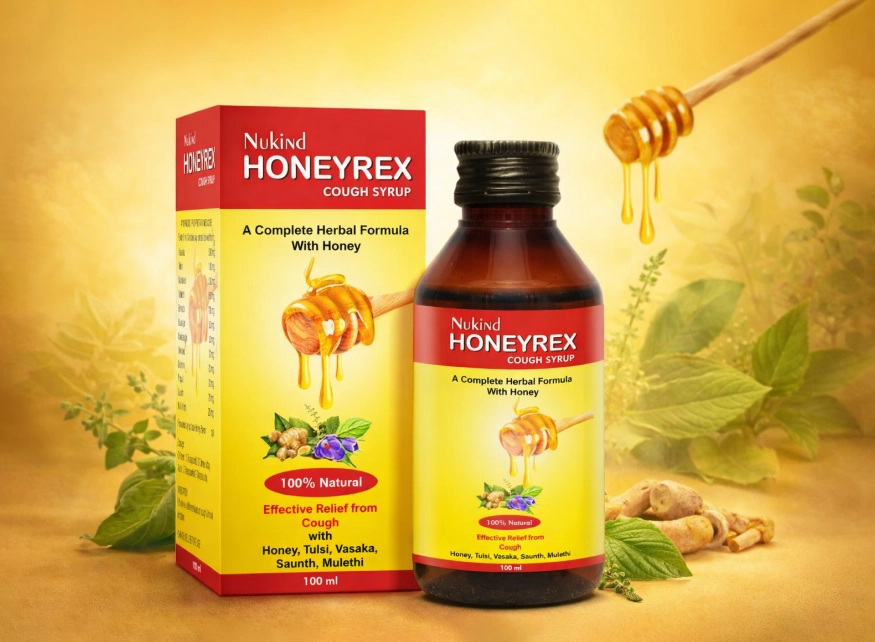 Nukind HONEYREX cough syrup bottle and box with honey-based herbal formula.