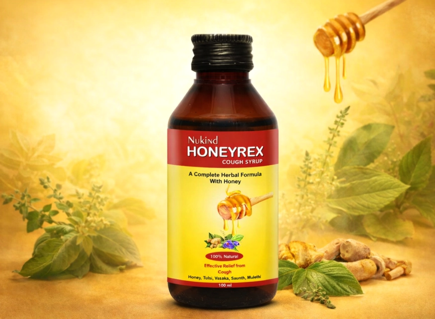 HONEYREX herbal cough syrup with honey, Tulsi, Vasaka, Saunth, and Mulethi.