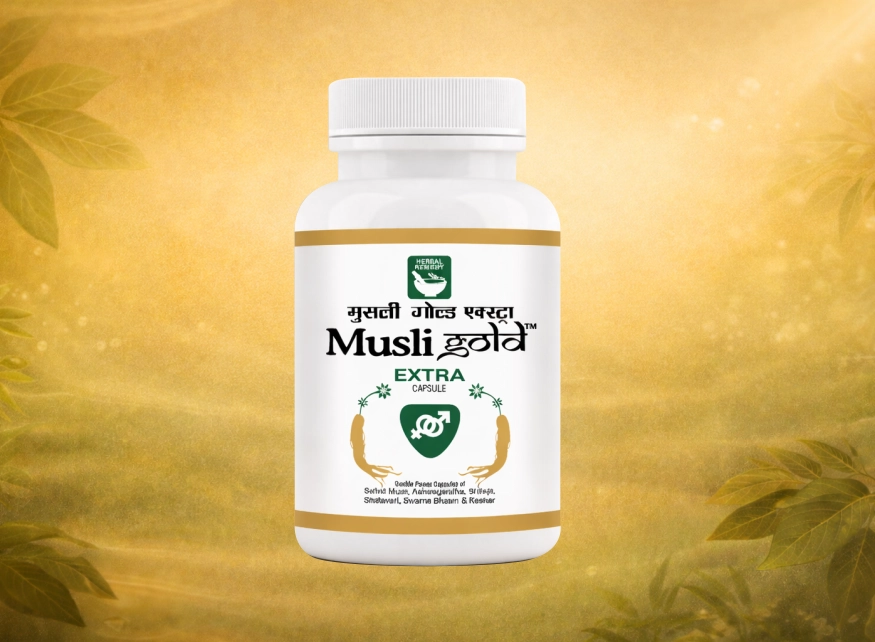 Ayurvedic Musli Gold Extra capsules for vitality and wellness support.