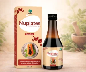 Nuplates platelet booster juice bottle and box with herbal ingredients.