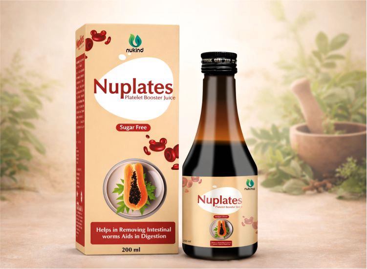 Nuplates platelet booster juice bottle and box with herbal ingredients.