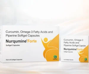 Nurqumine Forte softgel capsules box showing curcumin, omega-3 fatty acids and piperine formulation