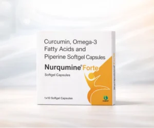 Nurqumine Forte softgel capsules packaging by Nukind Healthcare for nutritional support.”