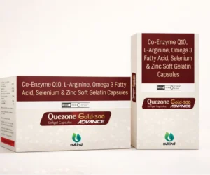 Quezone Gold-300 Advance softgel capsules packaging by Nukind Healthcare with Co-Enzyme Q10 and Omega-3 formulation