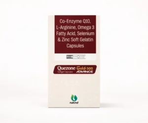 Quezone Gold-300 Advance softgel capsules box designed for antioxidant and nutritional support.