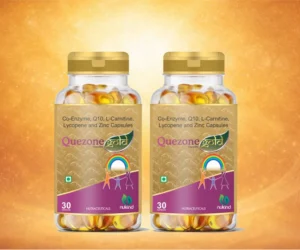 Quezone Gold capsules bottle containing Co-Enzyme Q10, L-Carnitine, Lycopene and Zinc by Nukind Healthcare.