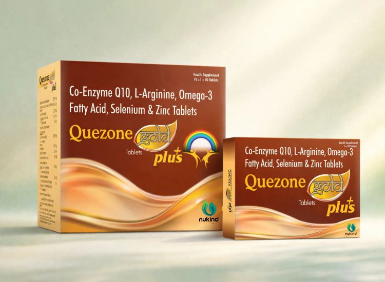 Quezone Gold Plus tablets box by Nukind Healthcare with Co-Enzyme Q10, L-Arginine, Omega-3, Selenium and Zinc.