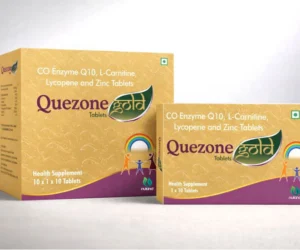 Quezone Gold tablets box containing Co-Enzyme Q10, L-Carnitine, Lycopene and Zinc by Nukind Healthcare.