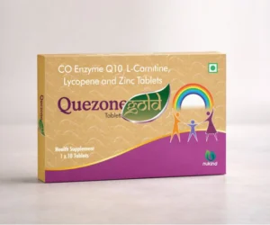 Quezone Gold tablets box containing Co-Enzyme Q10, L-Carnitine, Lycopene and Zinc by Nukind Healthcare.
