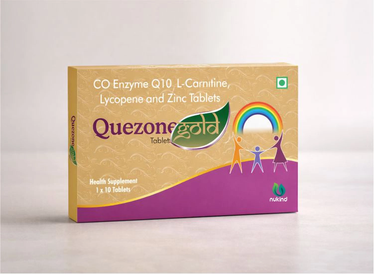 Quezone Gold tablets box containing Co-Enzyme Q10, L-Carnitine, Lycopene and Zinc by Nukind Healthcare.