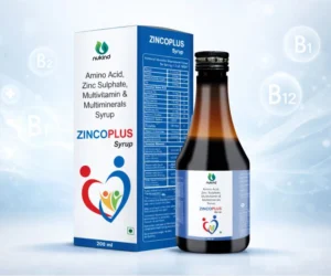 Nukind ZINCOPLUS multivitamin and zinc syrup 200 ml shown on a medical blue background