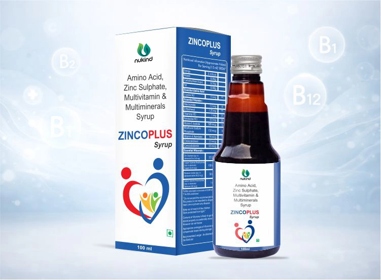 ZINCOPLUS multivitamin and zinc syrup bottle for nutritional support and immunity.
