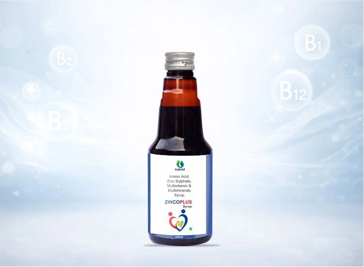ZINCOPLUS syrup bottle by Nukind Healthcare containing amino acids, zinc sulphate and multivitamins