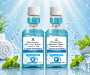 YESFRESH Mouthwash for daily oral hygiene with Chlorhexidine, Sodium Fluoride, and Zinc Chloride for antibacterial protection and fresh breath support.