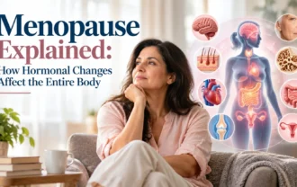 Menopause is the stage when a person has gone 12 consecutive months without a menstrual period, when no other cause explains the absence. It usually occurs between ages 45 and 55. Changing levels of oestrogen and progesterone can affect physical, emotional and sexual health, although every woman’s experience is different.